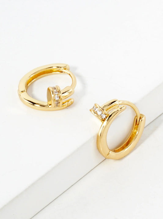 Pave-Set Cubic-Zirconia Nail Design 14K-Gold-Dipped 12mm Brass Huggie Hoop Earrings
