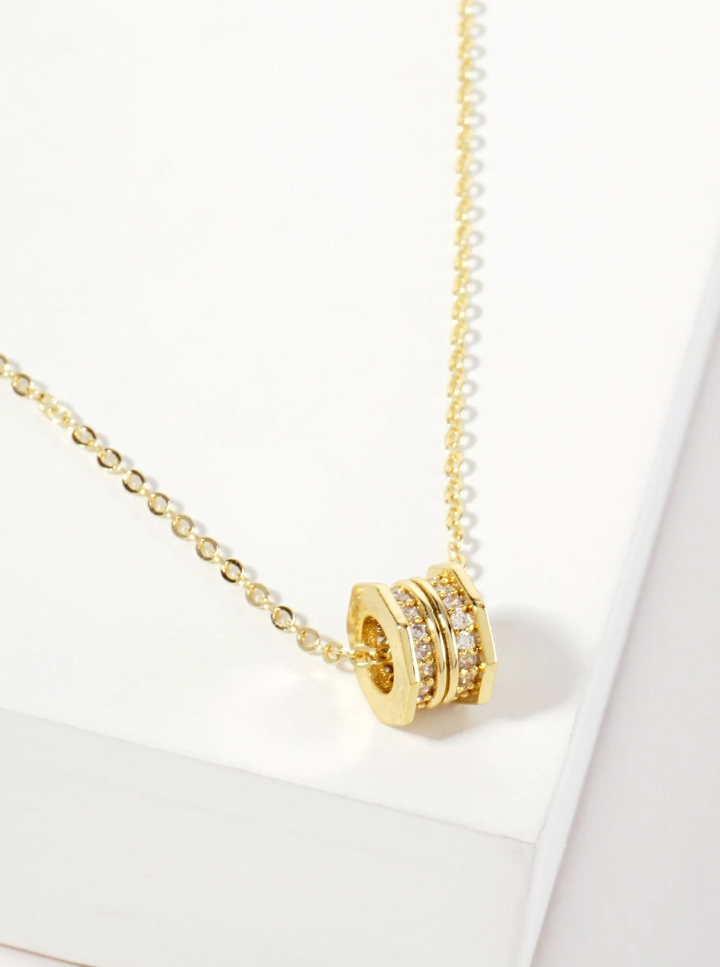 Pave-Set Cubic-Zirconia Octagon Wheel Charm Pendant 18K-Gold-Dipped Necklace
