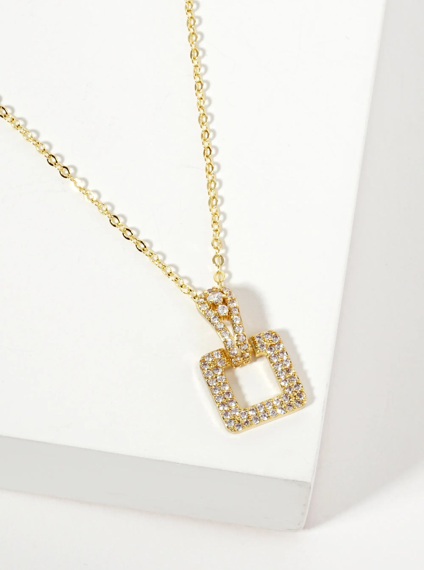 Pave-Set Cubic-Zirconia Square Door-Knocker Pendant 18K-Gold-Dipped Brass Necklace