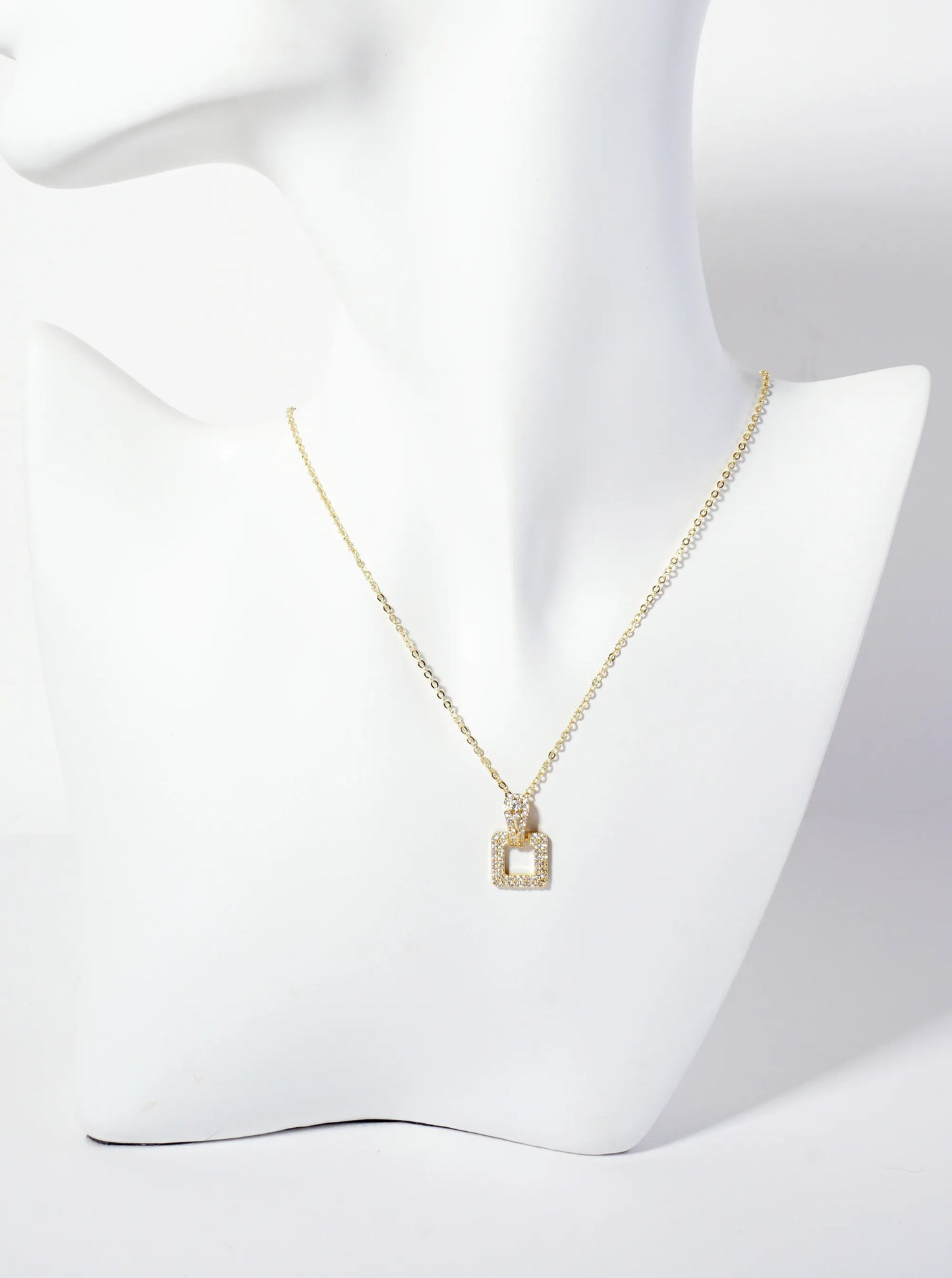 Pave-Set Cubic-Zirconia Square Door-Knocker Pendant 18K-Gold-Dipped Brass Necklace