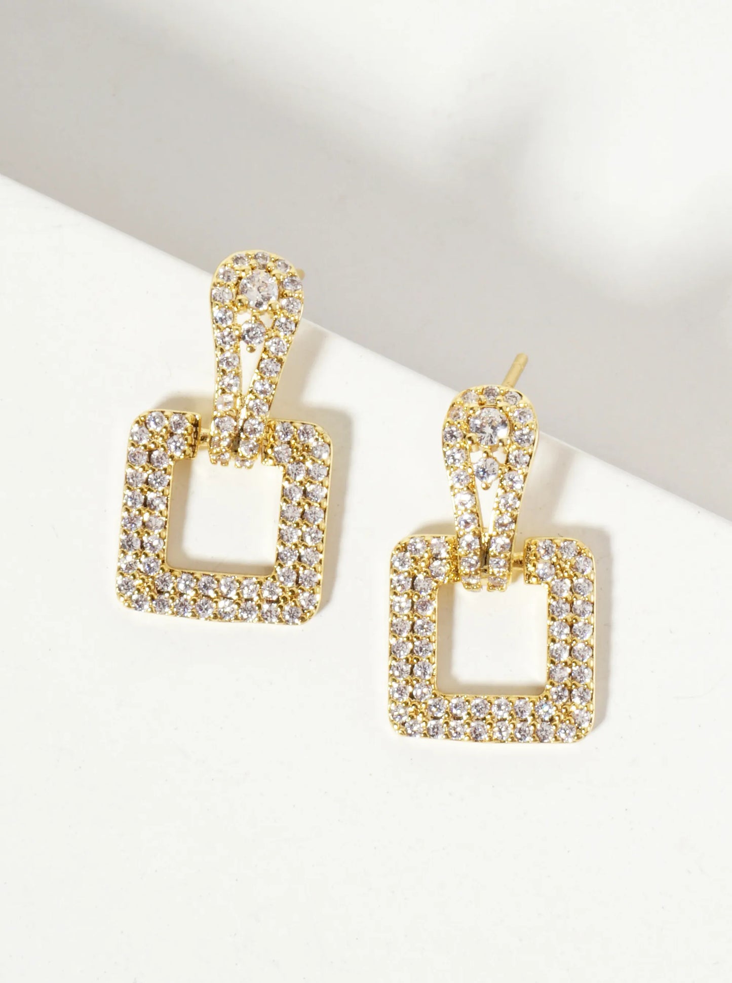 Pave-Set Cubic-Zirconia Square Doorknocker 18K-Gold-Dipped Dangle Post Earrings