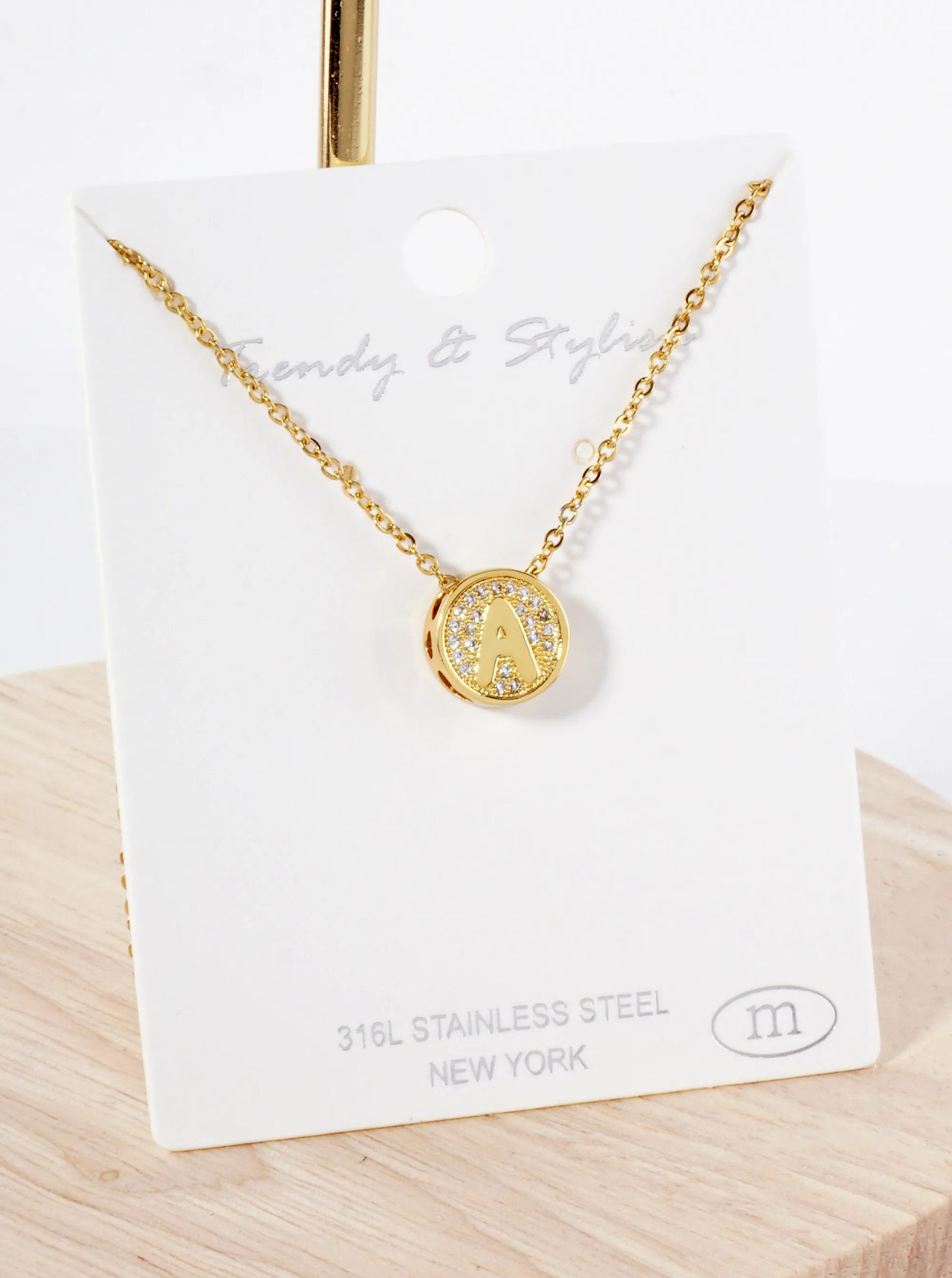 Pave-Set Cubic-Zirconia Stainless Steel Initial Letter Pendant Necklace