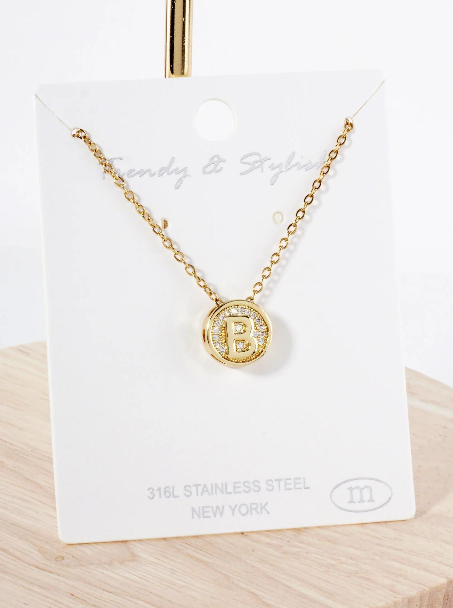 Pave-Set Cubic-Zirconia Stainless Steel Initial Letter Pendant Necklace