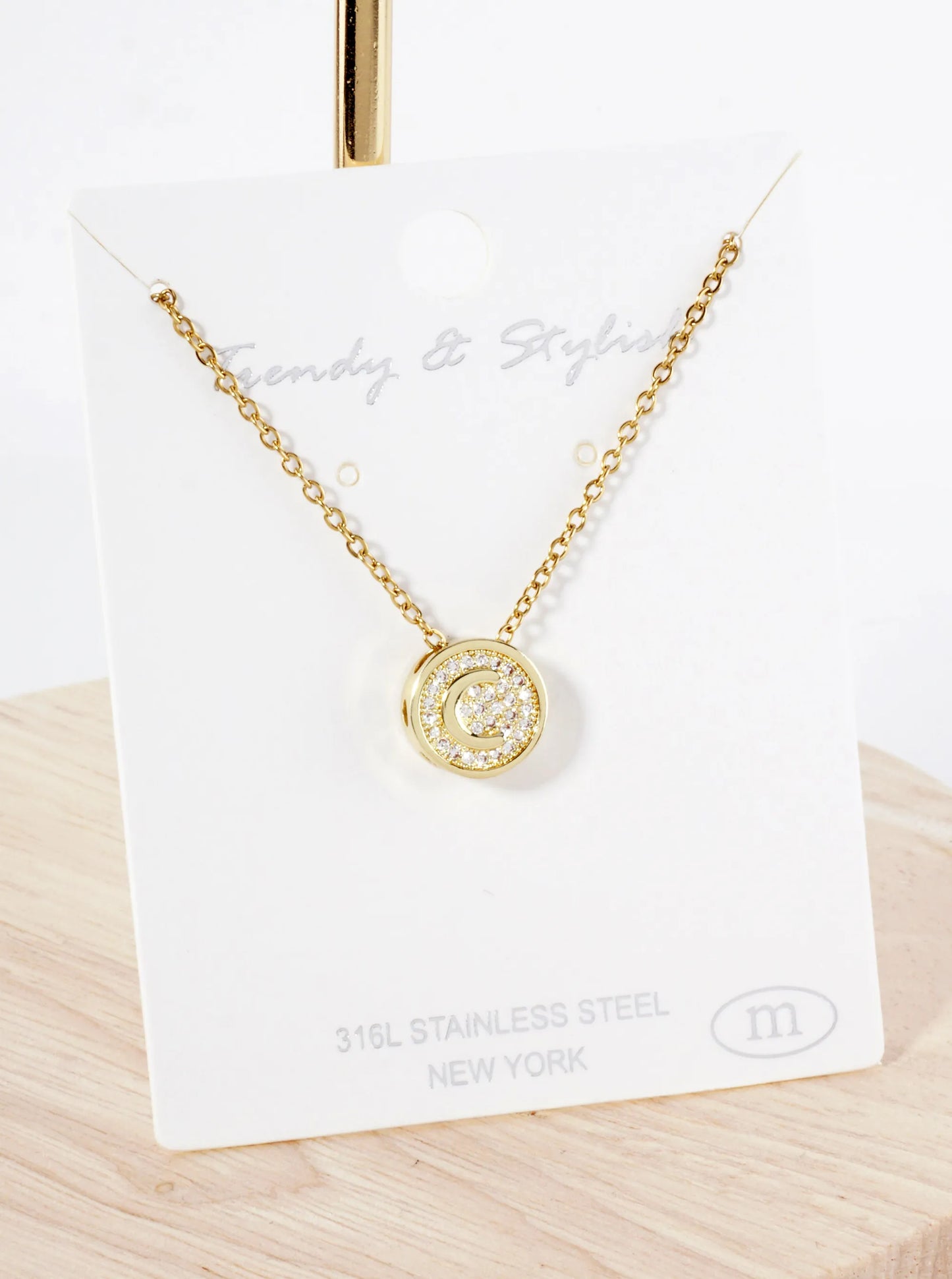 Pave-Set Cubic-Zirconia Stainless Steel Initial Letter Pendant Necklace