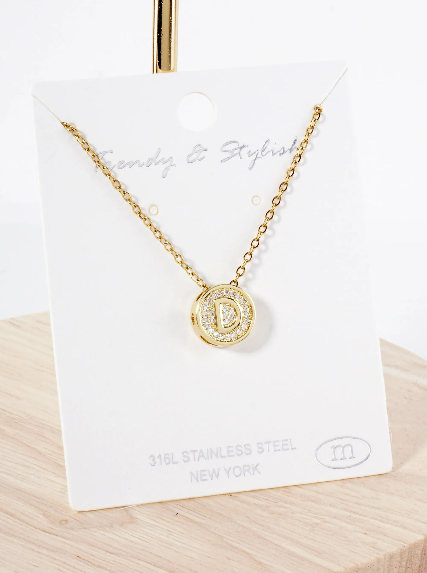 Pave-Set Cubic-Zirconia Stainless Steel Initial Letter Pendant Necklace