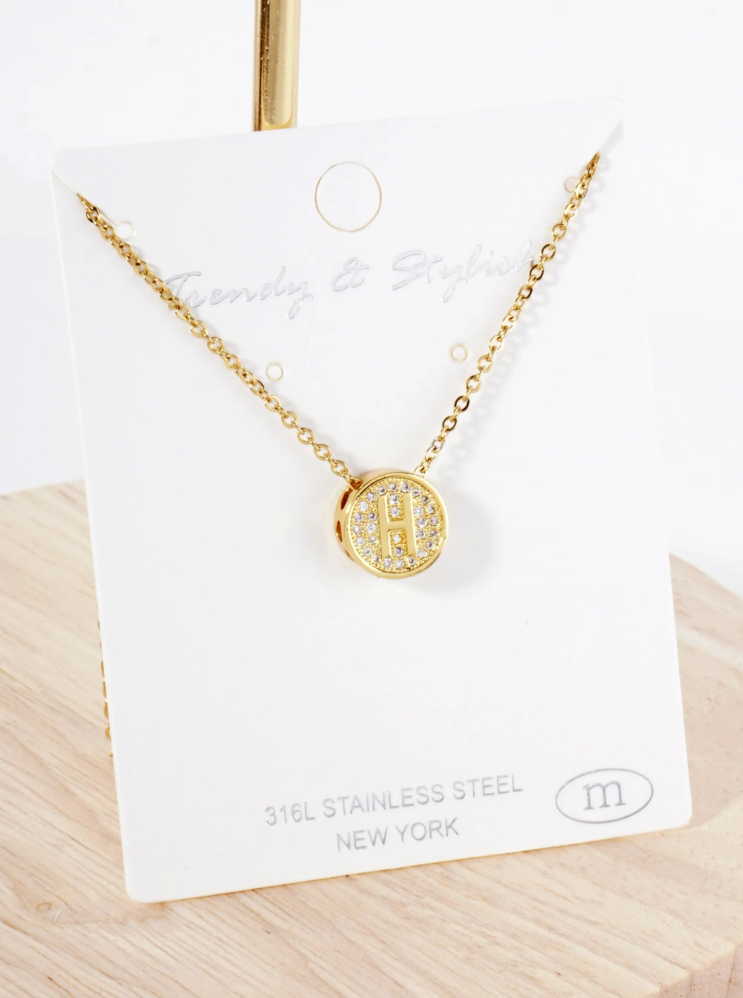 Pave-Set Cubic-Zirconia Stainless Steel Initial Letter Pendant Necklace