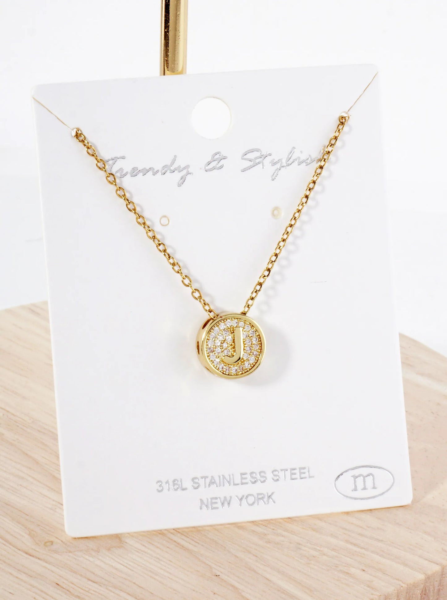 Pave-Set Cubic-Zirconia Stainless Steel Initial Letter Pendant Necklace