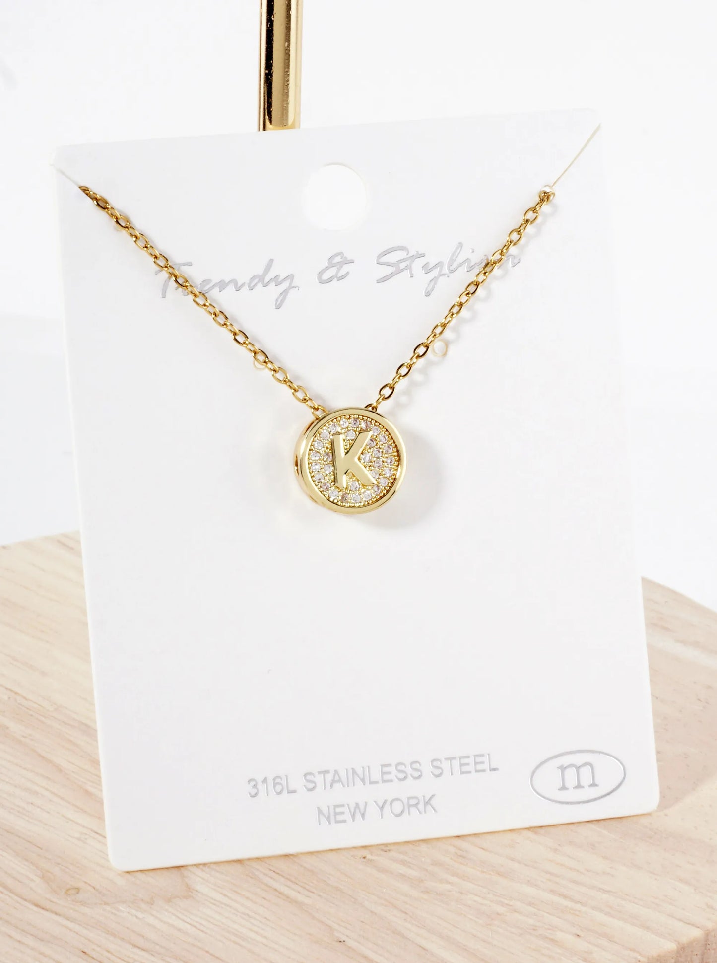 Pave-Set Cubic-Zirconia Stainless Steel Initial Letter Pendant Necklace