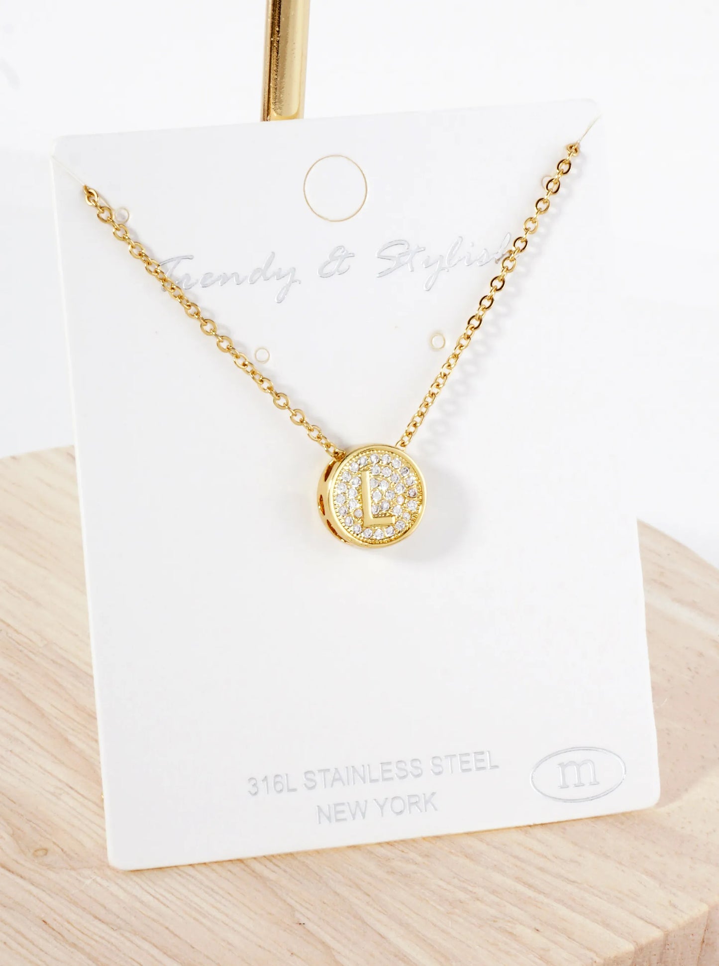 Pave-Set Cubic-Zirconia Stainless Steel Initial Letter Pendant Necklace