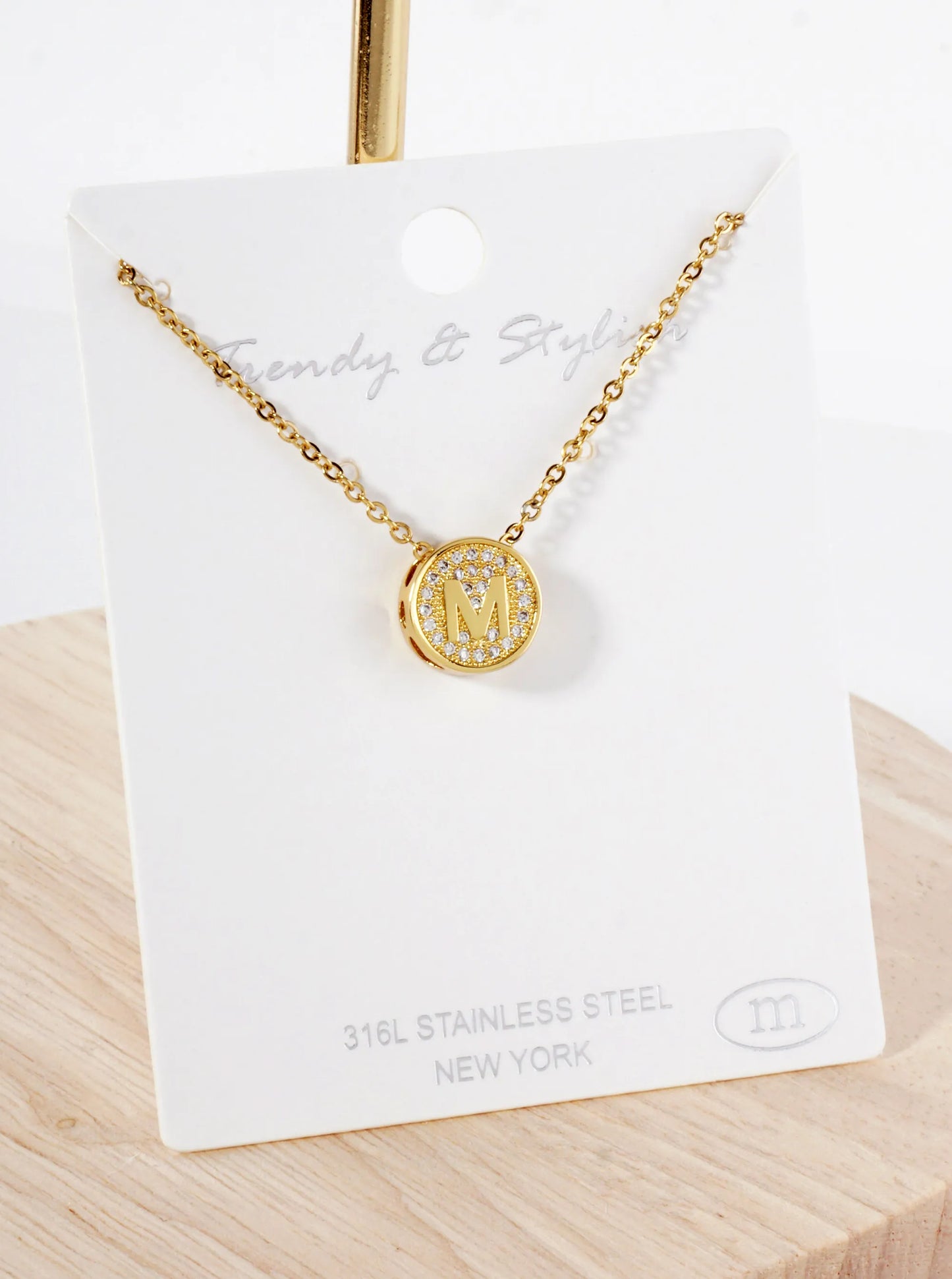 Pave-Set Cubic-Zirconia Stainless Steel Initial Letter Pendant Necklace