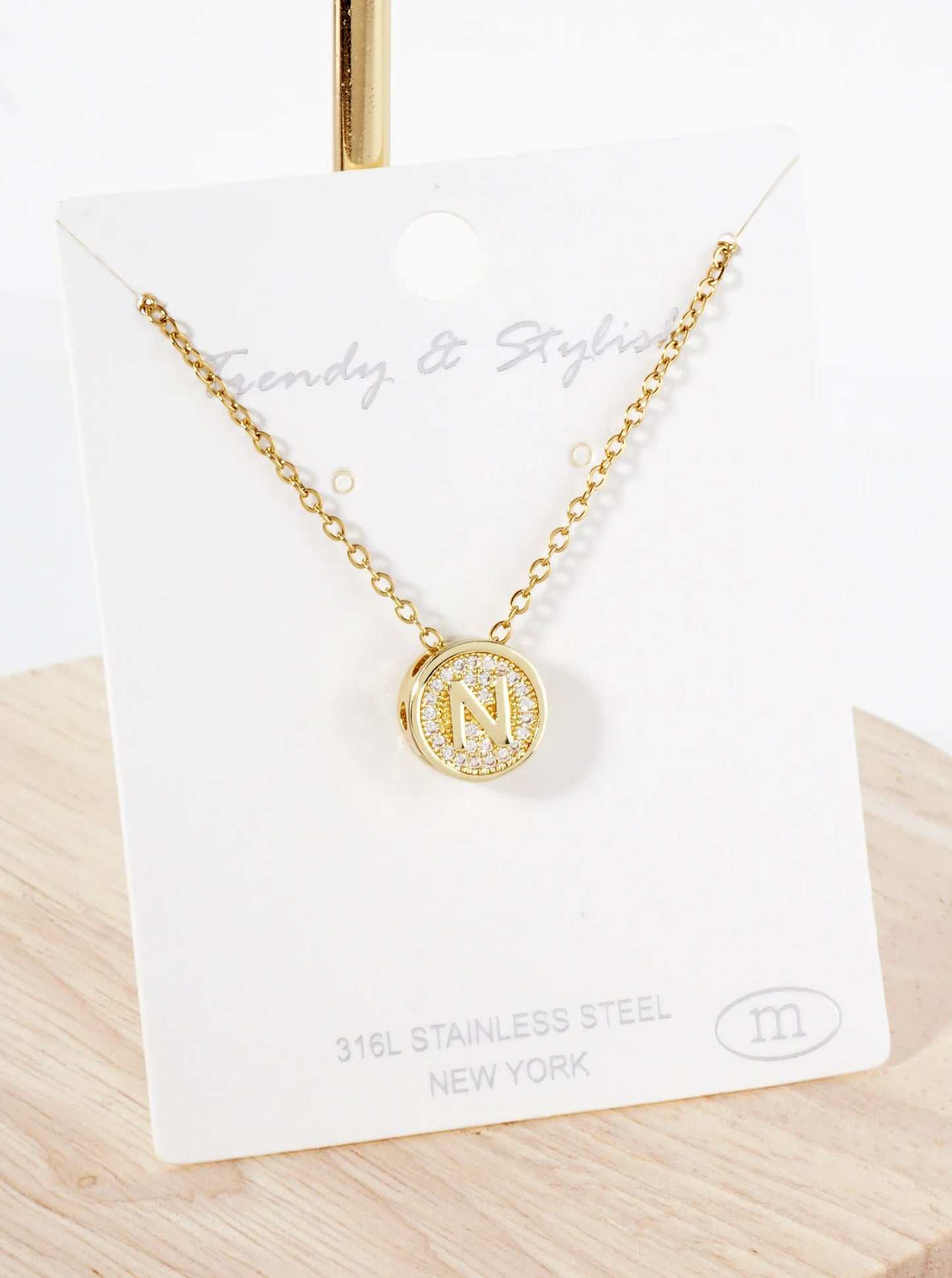 Pave-Set Cubic-Zirconia Stainless Steel Initial Letter Pendant Necklace