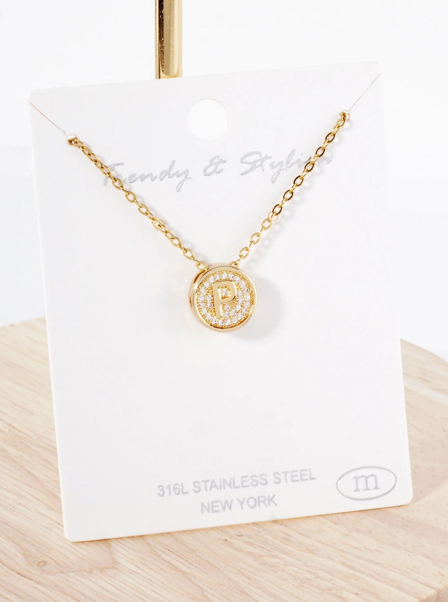 Pave-Set Cubic-Zirconia Stainless Steel Initial Letter Pendant Necklace
