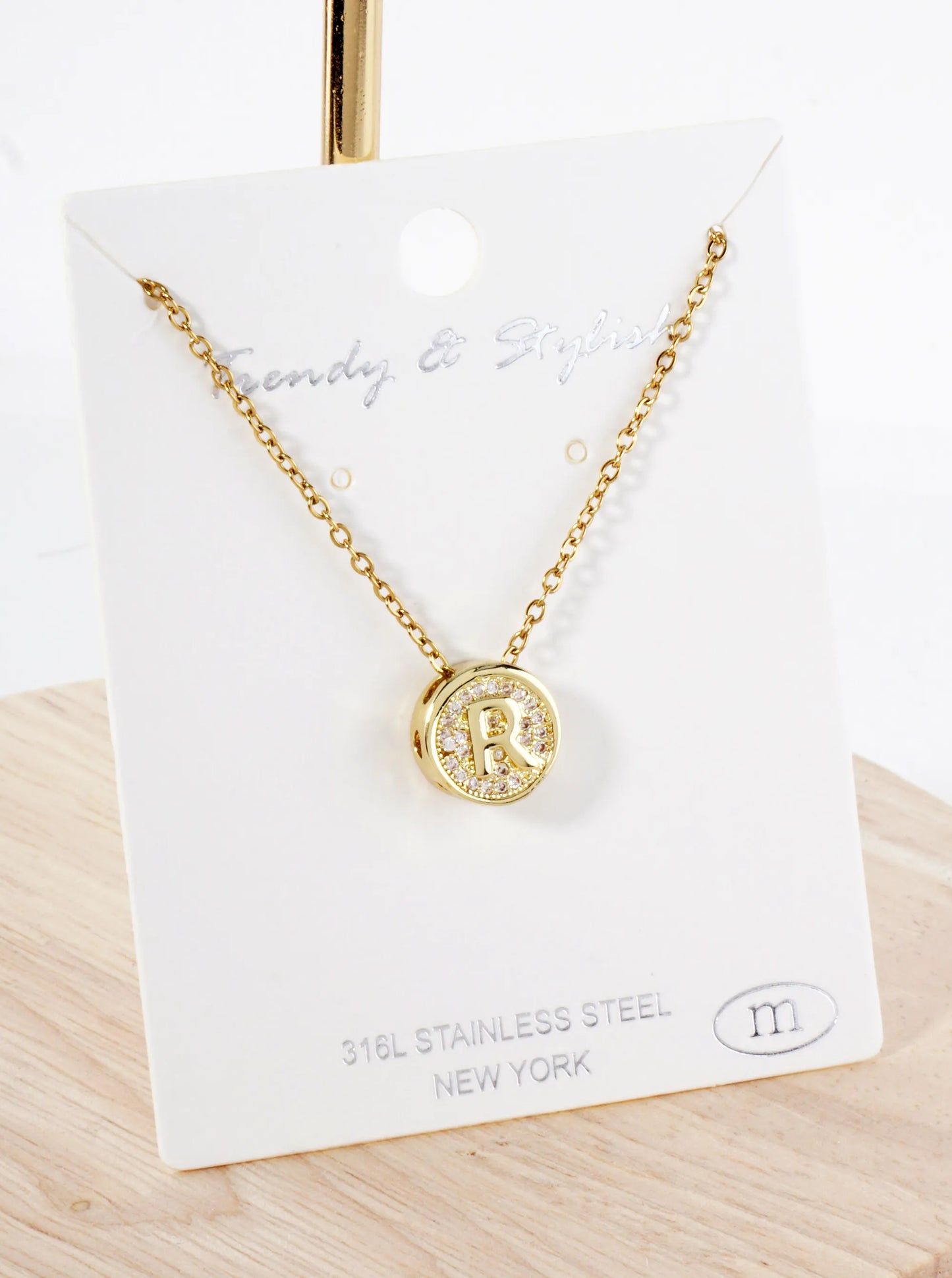 Pave-Set Cubic-Zirconia Stainless Steel Initial Letter Pendant Necklace