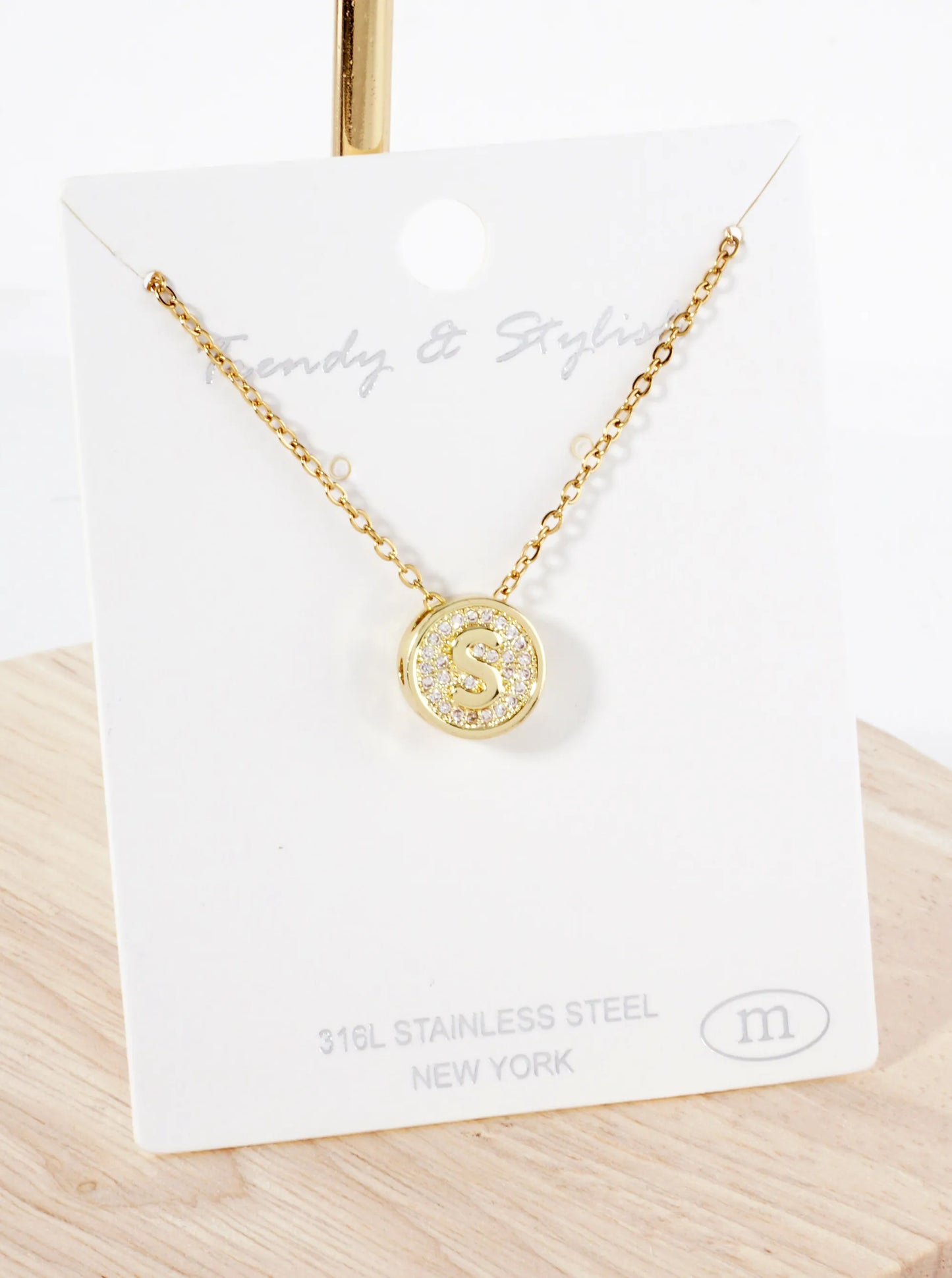 Pave-Set Cubic-Zirconia Stainless Steel Initial Letter Pendant Necklace