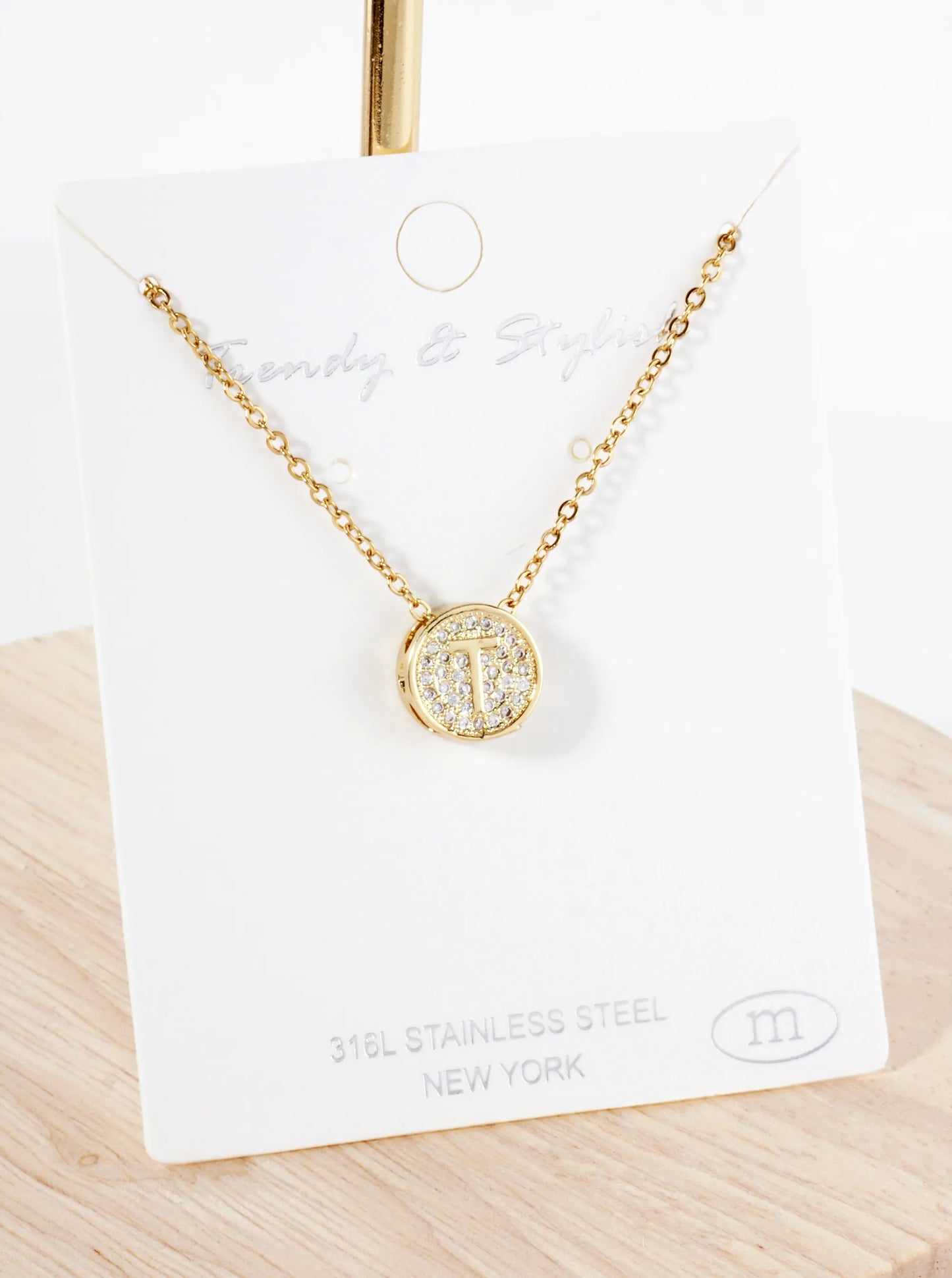 Pave-Set Cubic-Zirconia Stainless Steel Initial Letter Pendant Necklace