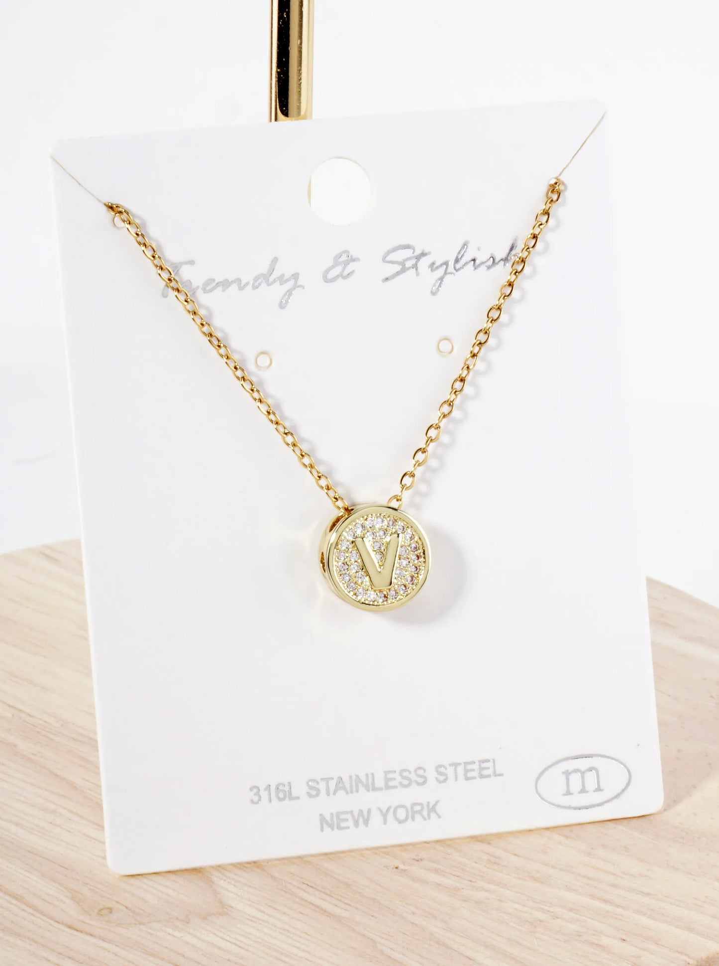 Pave-Set Cubic-Zirconia Stainless Steel Initial Letter Pendant Necklace