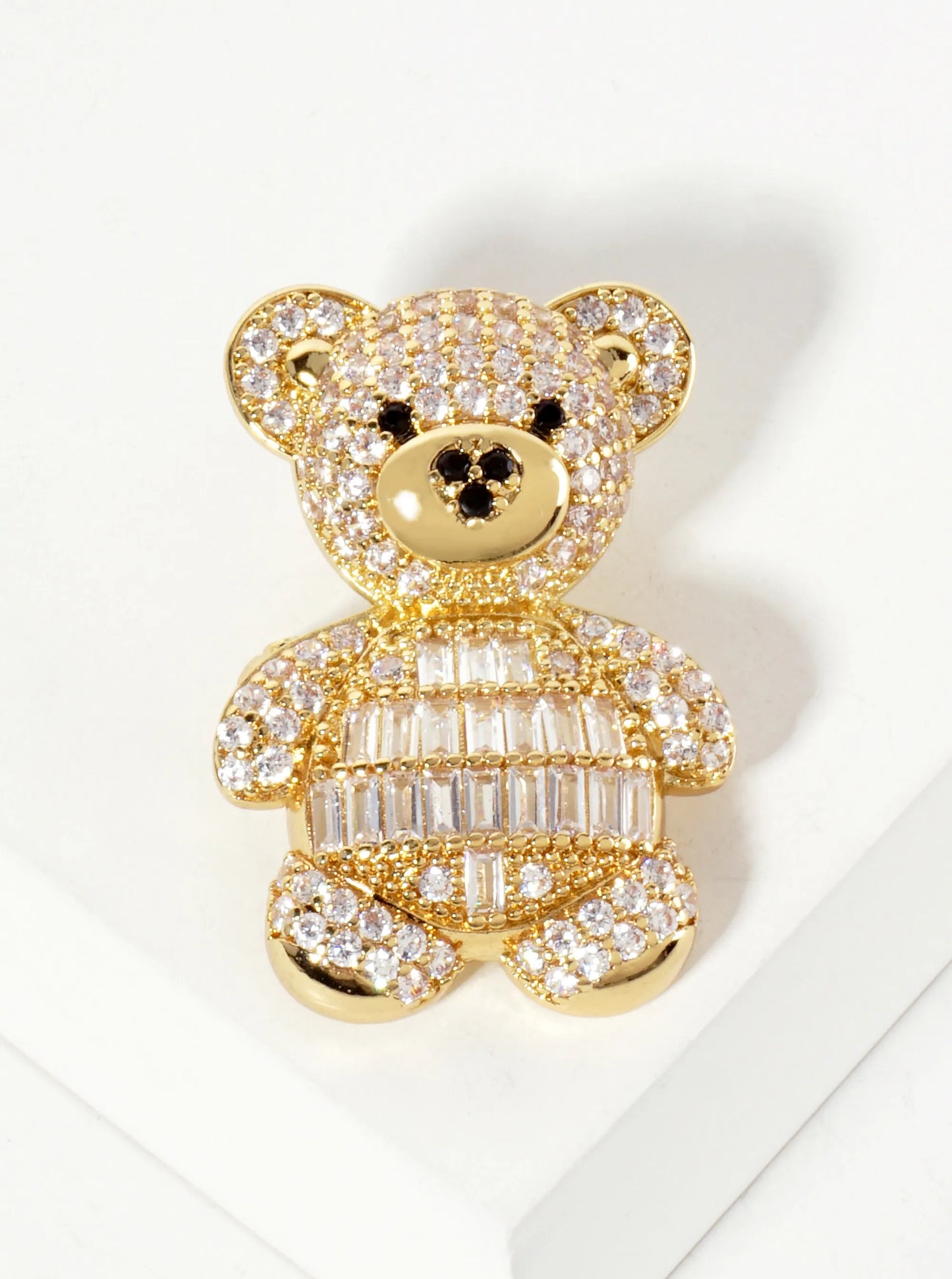 Pave-Set Cubic-Zirconia Teddy-Bear 18K-Gold-Dipped Brass Brooch