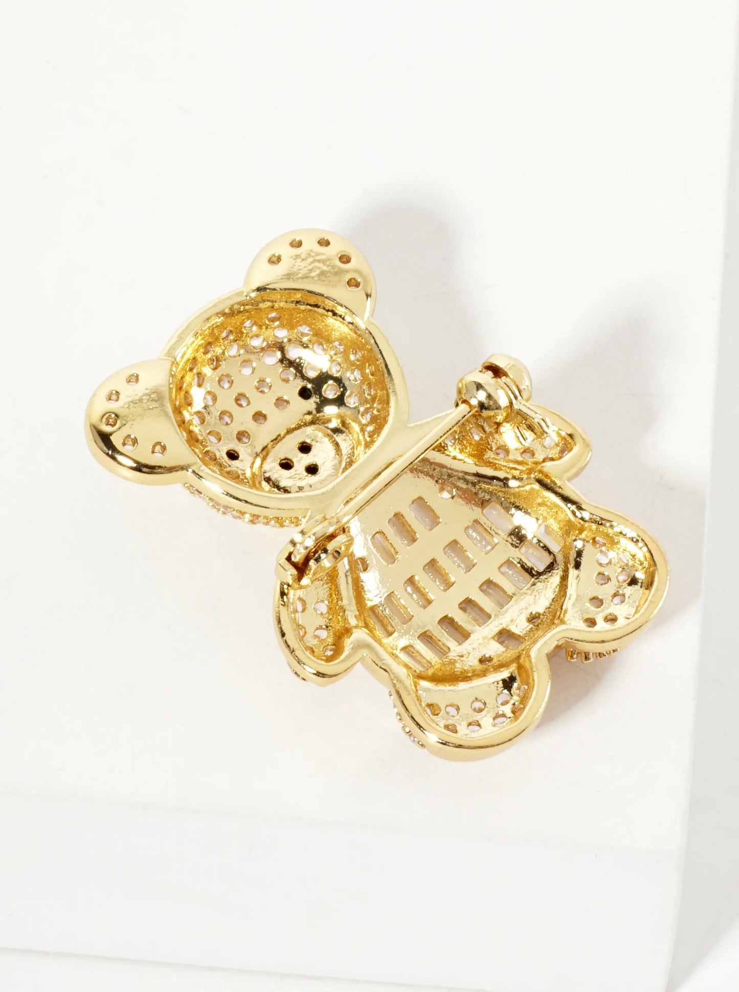 Pave-Set Cubic-Zirconia Teddy-Bear 18K-Gold-Dipped Brass Brooch