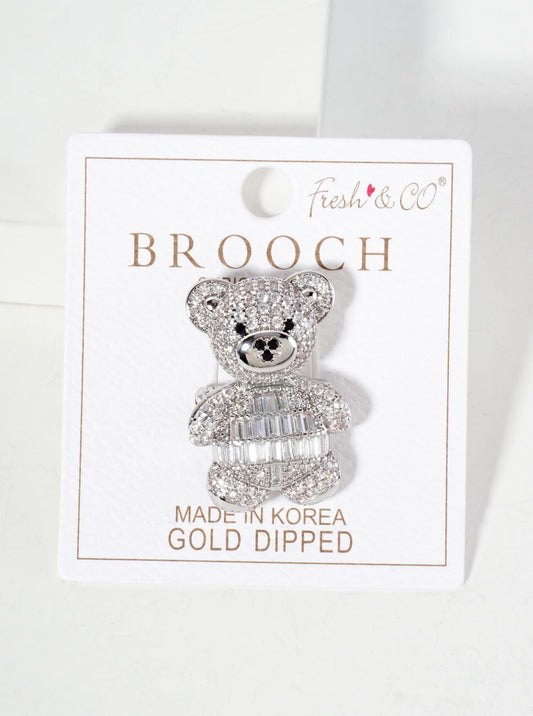 Pave-Set Cubic-Zirconia Teddy-Bear 18K-Gold-Dipped Brass Brooch