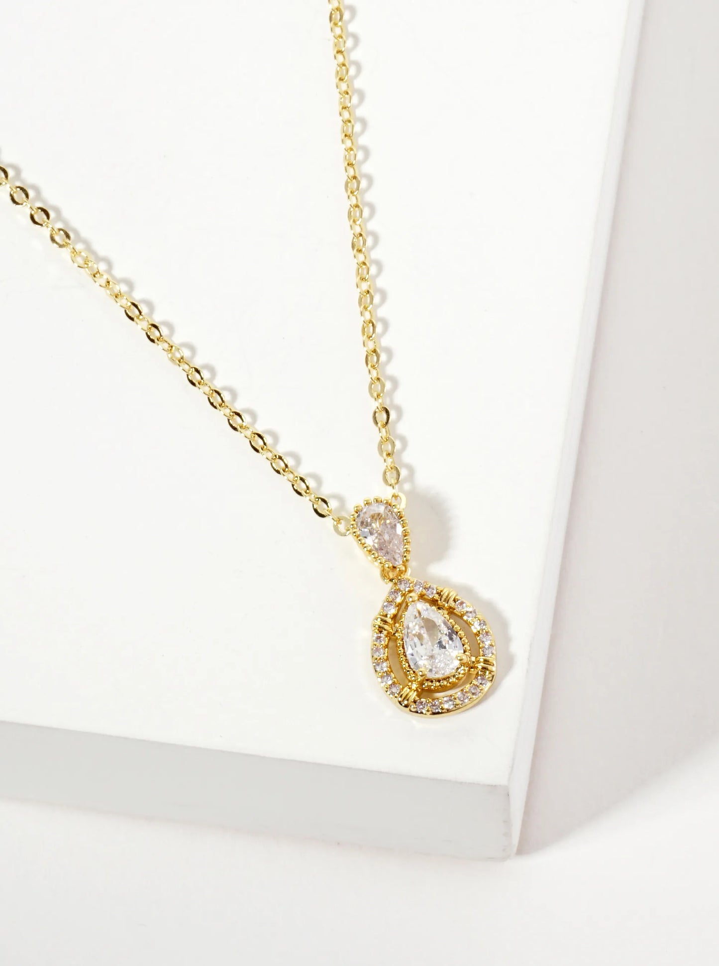 Pave-Set Cubic-Zirconia Two Teardrop Pendant 18K-Gold-Dipped Brass Necklace