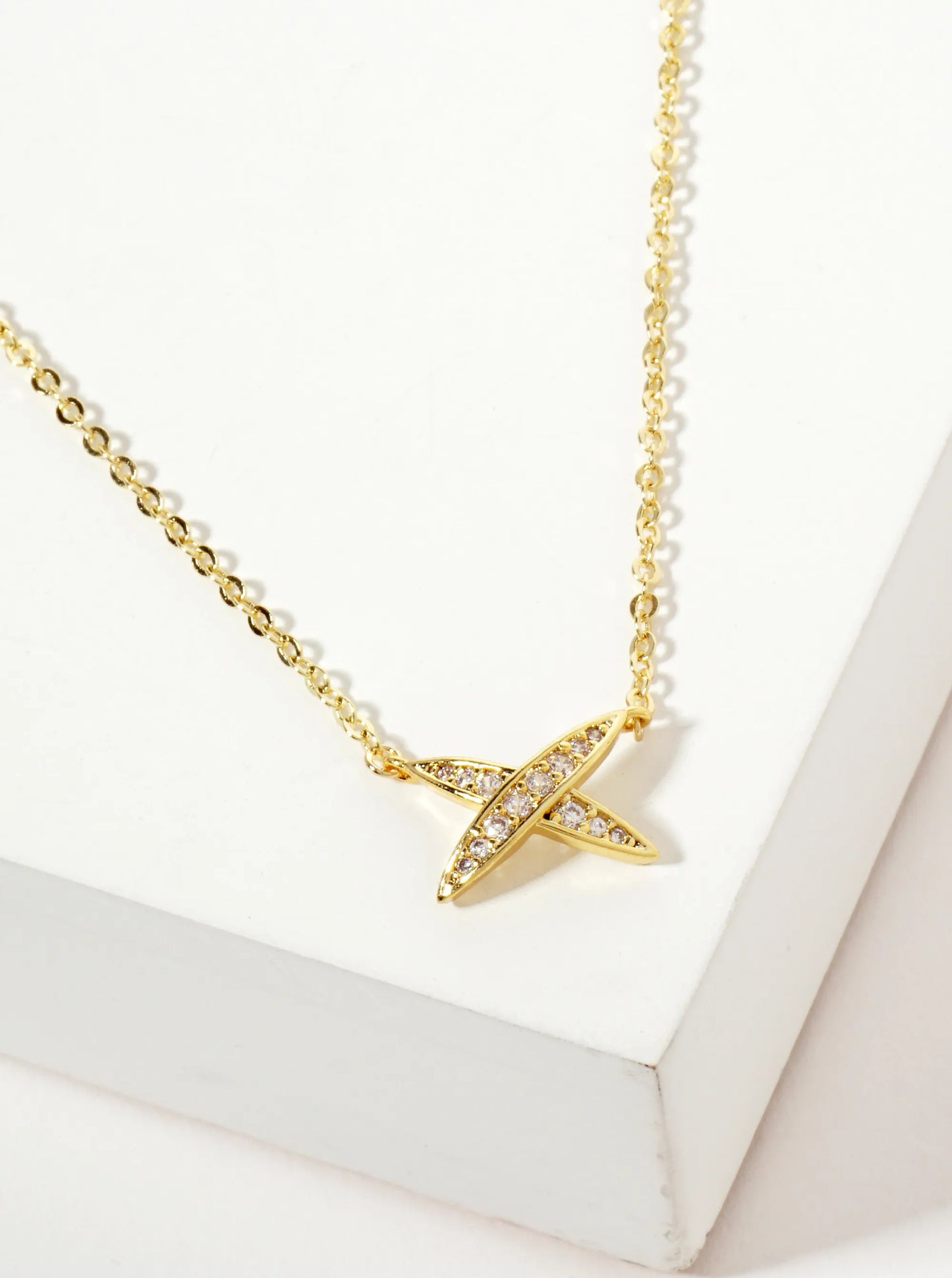 Pave-Set Cubic Zirconia X-Shaped Pendant 18K-Gold-Dipped Brass Necklace