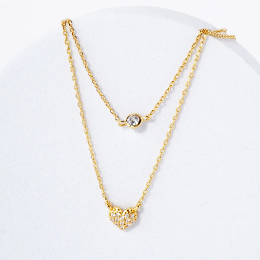 Pave-Set Dainty CZ Heart Pendant 18K-Gold-Dipped Layered Necklace