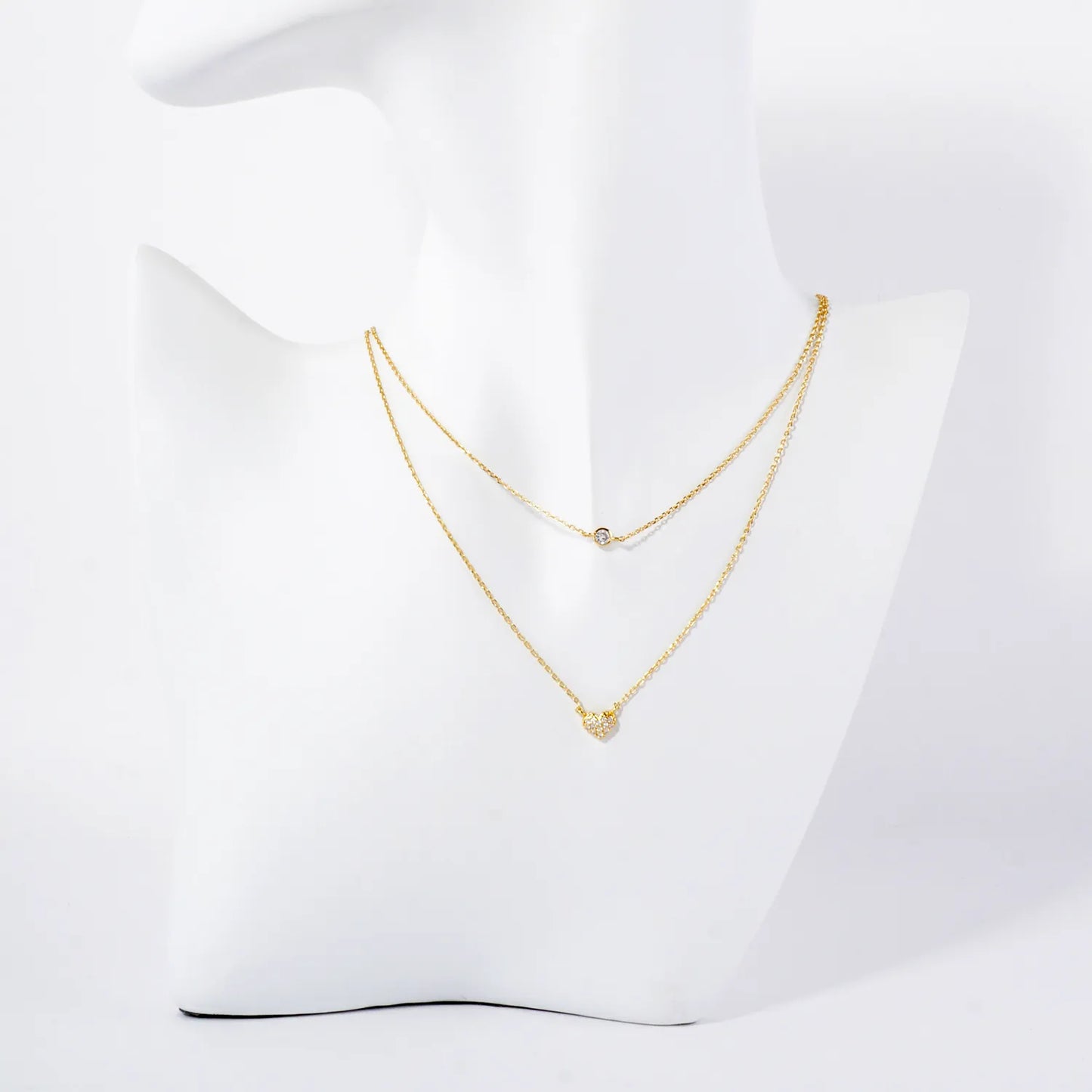 Pave-Set Dainty CZ Heart Pendant 18K-Gold-Dipped Layered Necklace