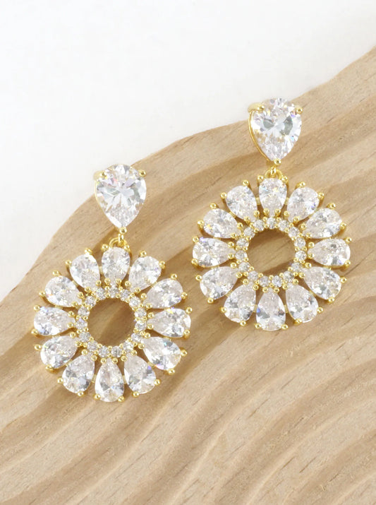 Pear Cubic Zirconia Floral Cluster Drop Earrings