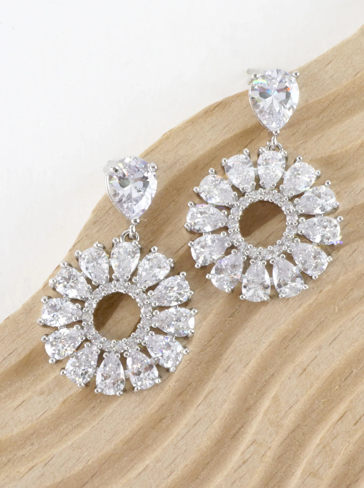 Pear Cubic Zirconia Floral Cluster Drop Earrings
