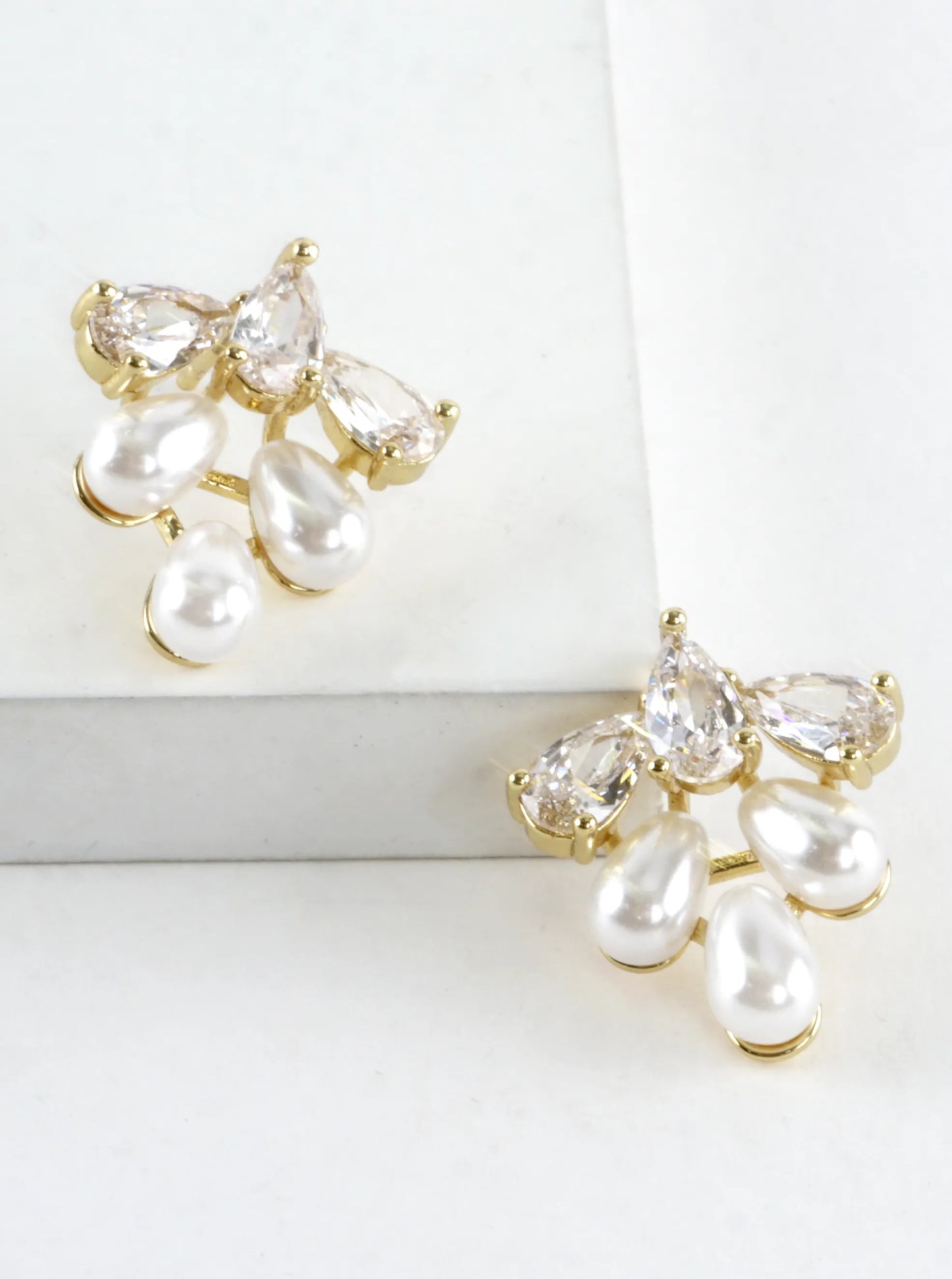 Pear-Shaped CZ Pearl Cluster Stud Earrings