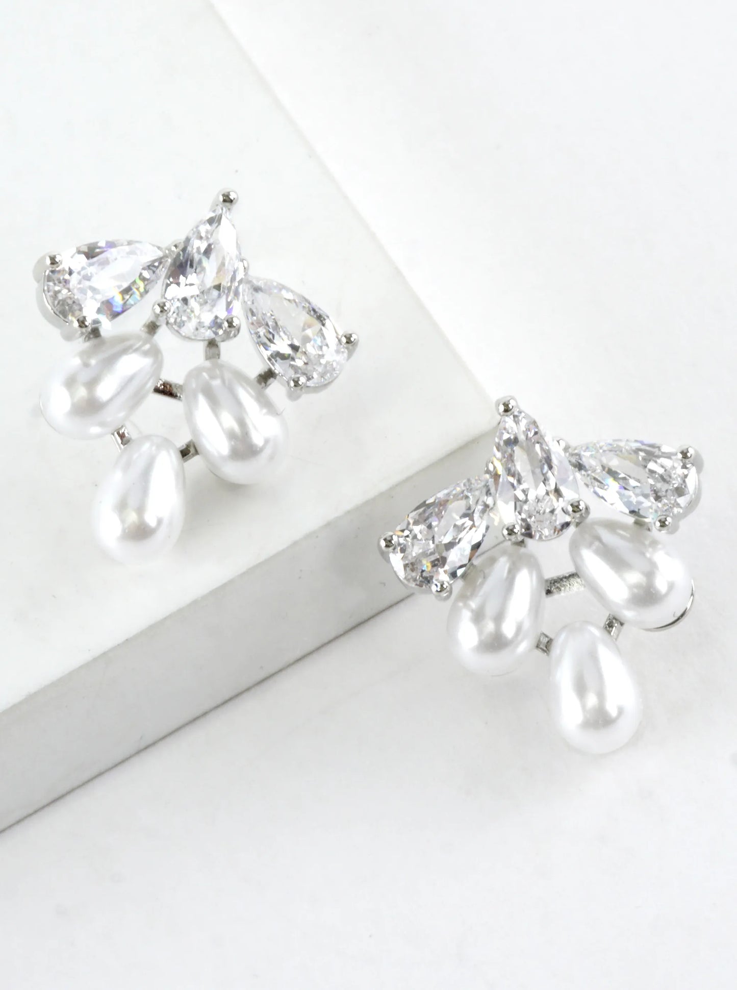 Pear-Shaped CZ Pearl Cluster Stud Earrings
