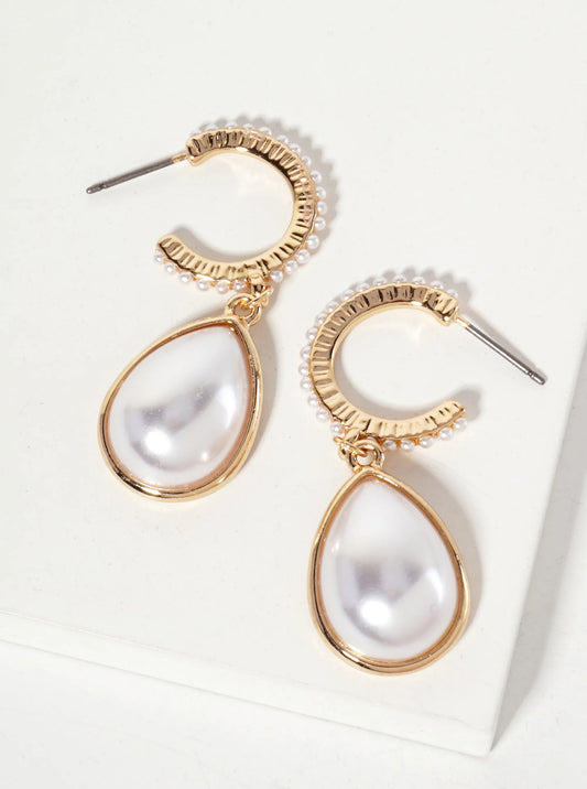 Pearl-Accented Open-Huggie Hoop Earrings With Teardrop Pearl Drop