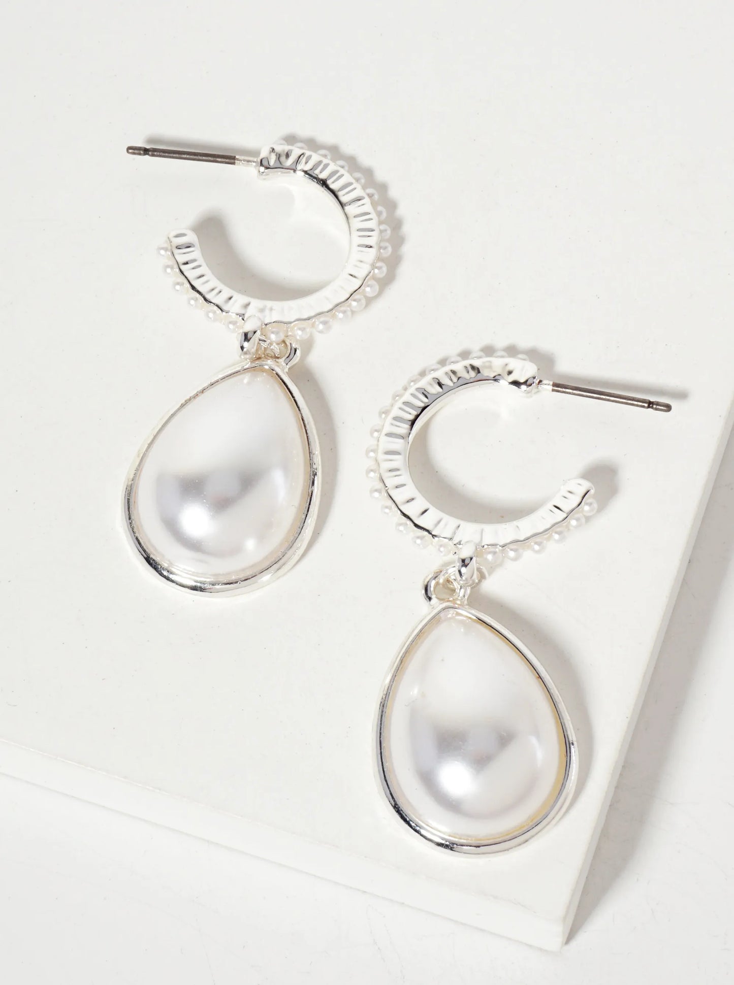 Pearl-Accented Open-Huggie Hoop Earrings With Teardrop Pearl Drop