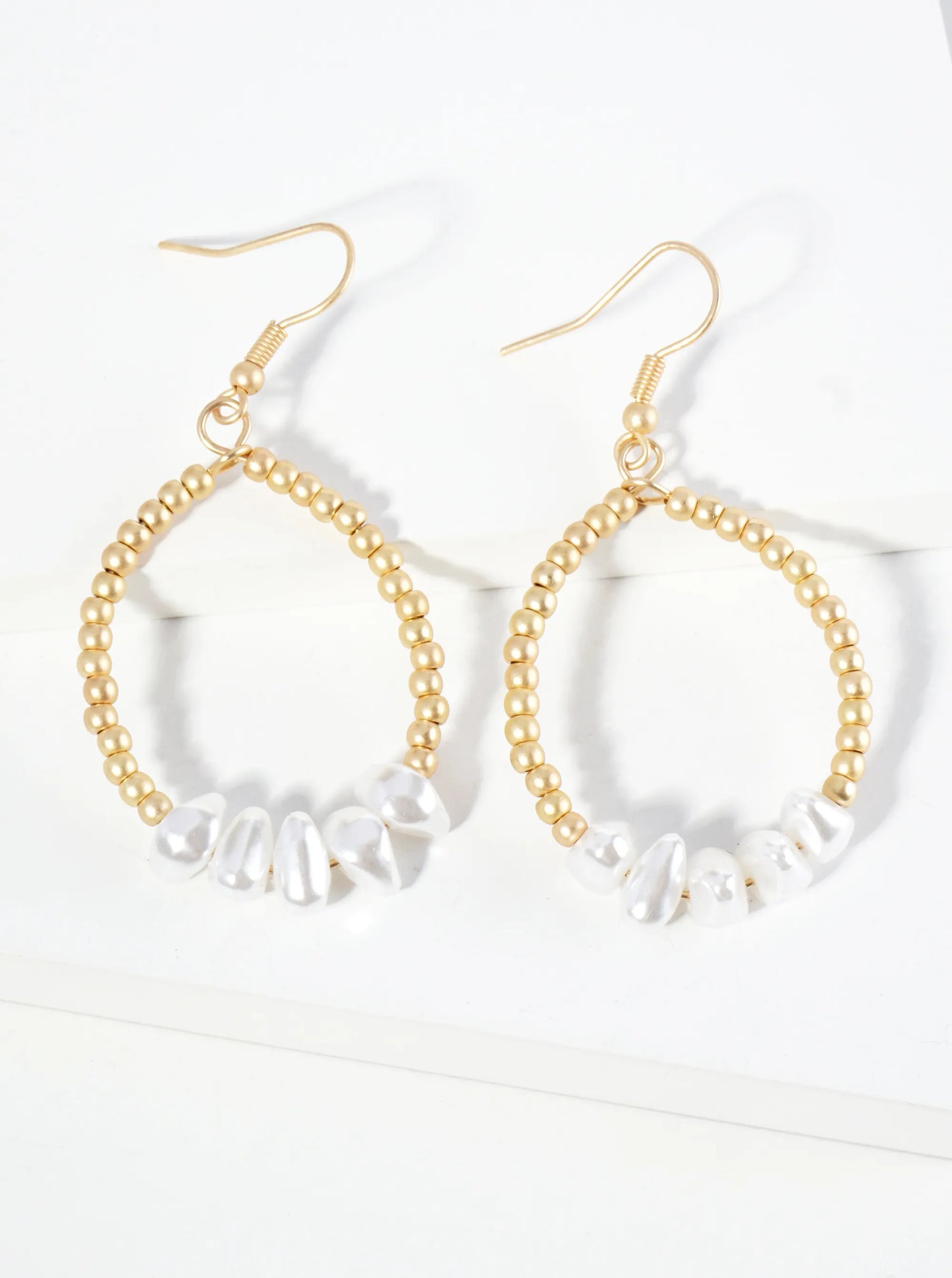 Pearl Bead Accent Metallic Beaded Wire Circle Dangle Drop Earrings