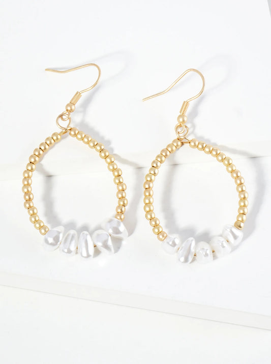 Pearl Bead Accent Metallic Beaded Wire Circle Dangle Drop Earrings