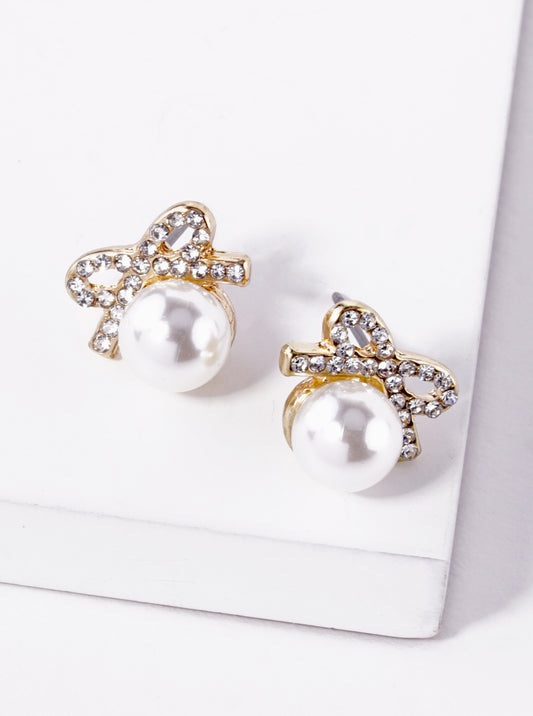 Pearl Bead Drop Crystal Pave Ribbon Bow Stud Earrings