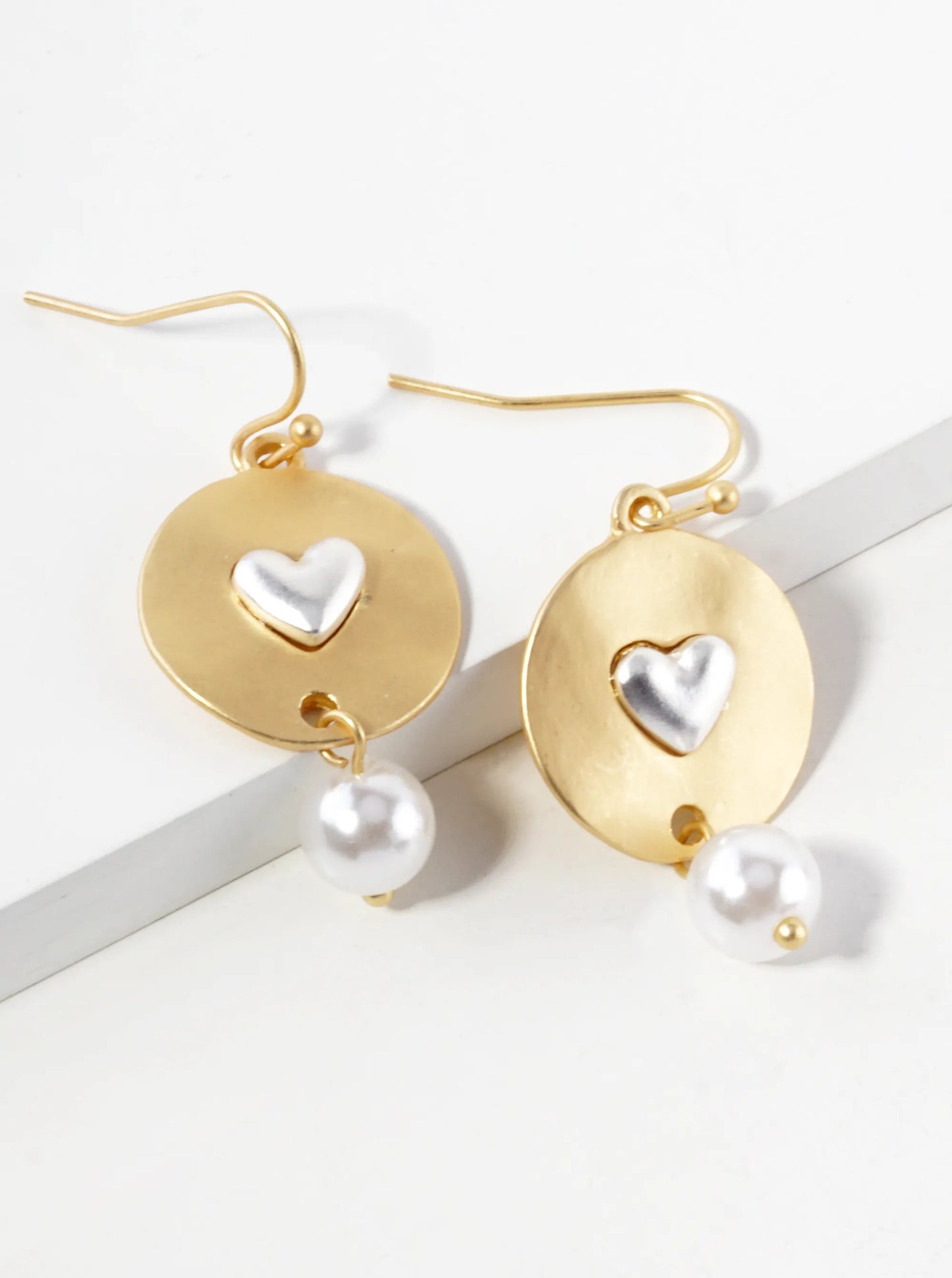 Pearl Bead Drop Heart Disc Dangle Earrings
