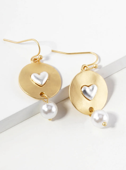 Pearl Bead Drop Heart Disc Dangle Earrings