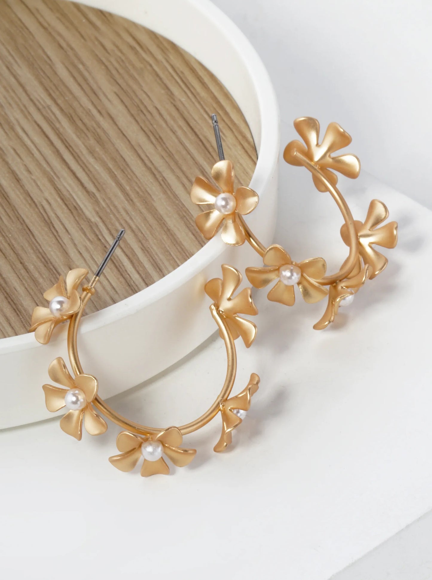 Pearl Beaded 23mm Metal Flower Hoop Earrings