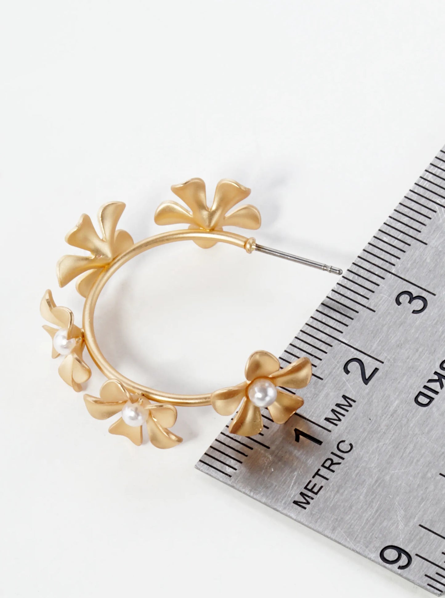 Pearl Beaded 23mm Metal Flower Hoop Earrings