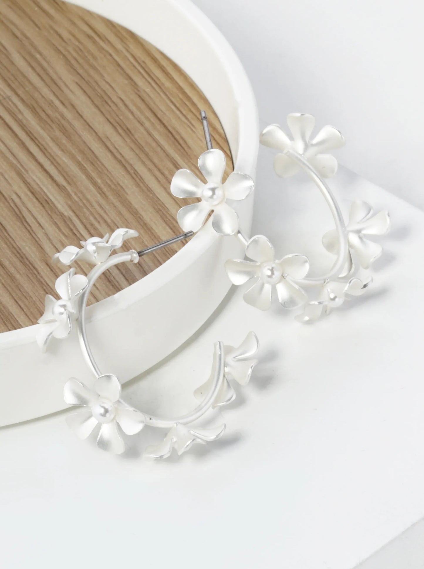 Pearl Beaded 23mm Metal Flower Hoop Earrings