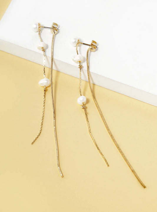 Pearl Beaded 3 Inch Chain Front-Back Drop Earrings