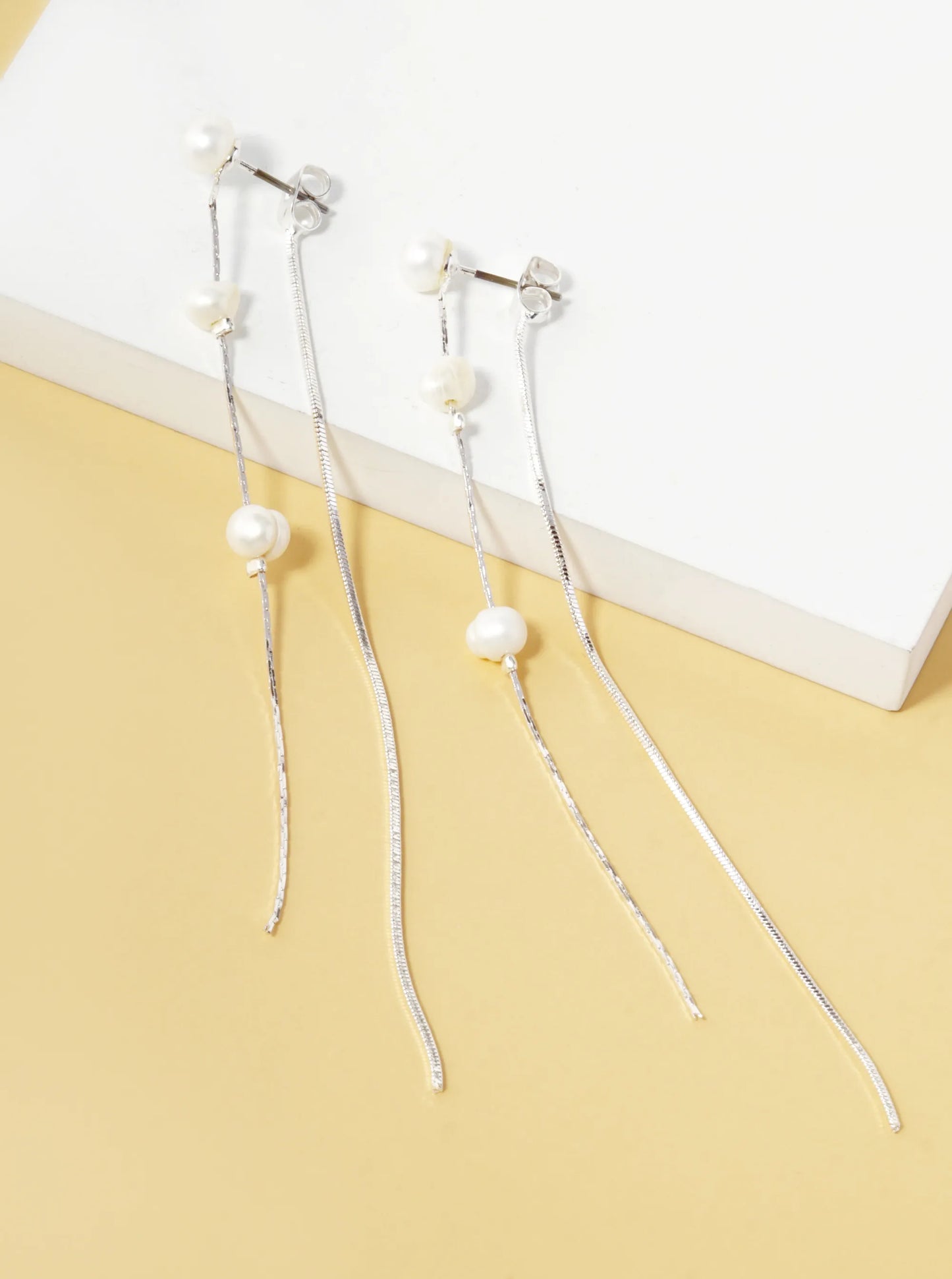 Pearl Beaded 3 Inch Chain Front-Back Drop Earrings