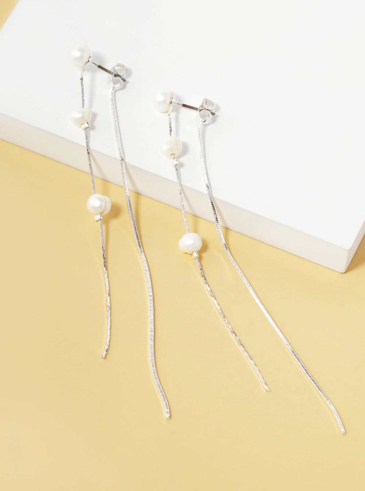 Pearl Beaded 3 Inch Chain Front-Back Drop Earrings