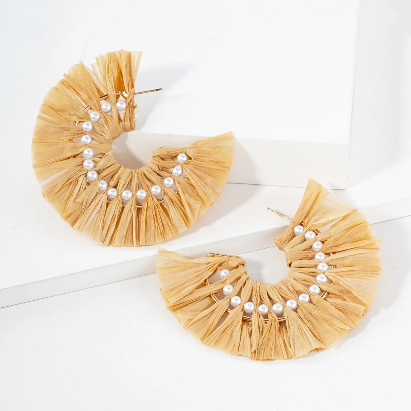 Pearl-Beaded 30mm Raffia Fan Statement Hoop Earrings