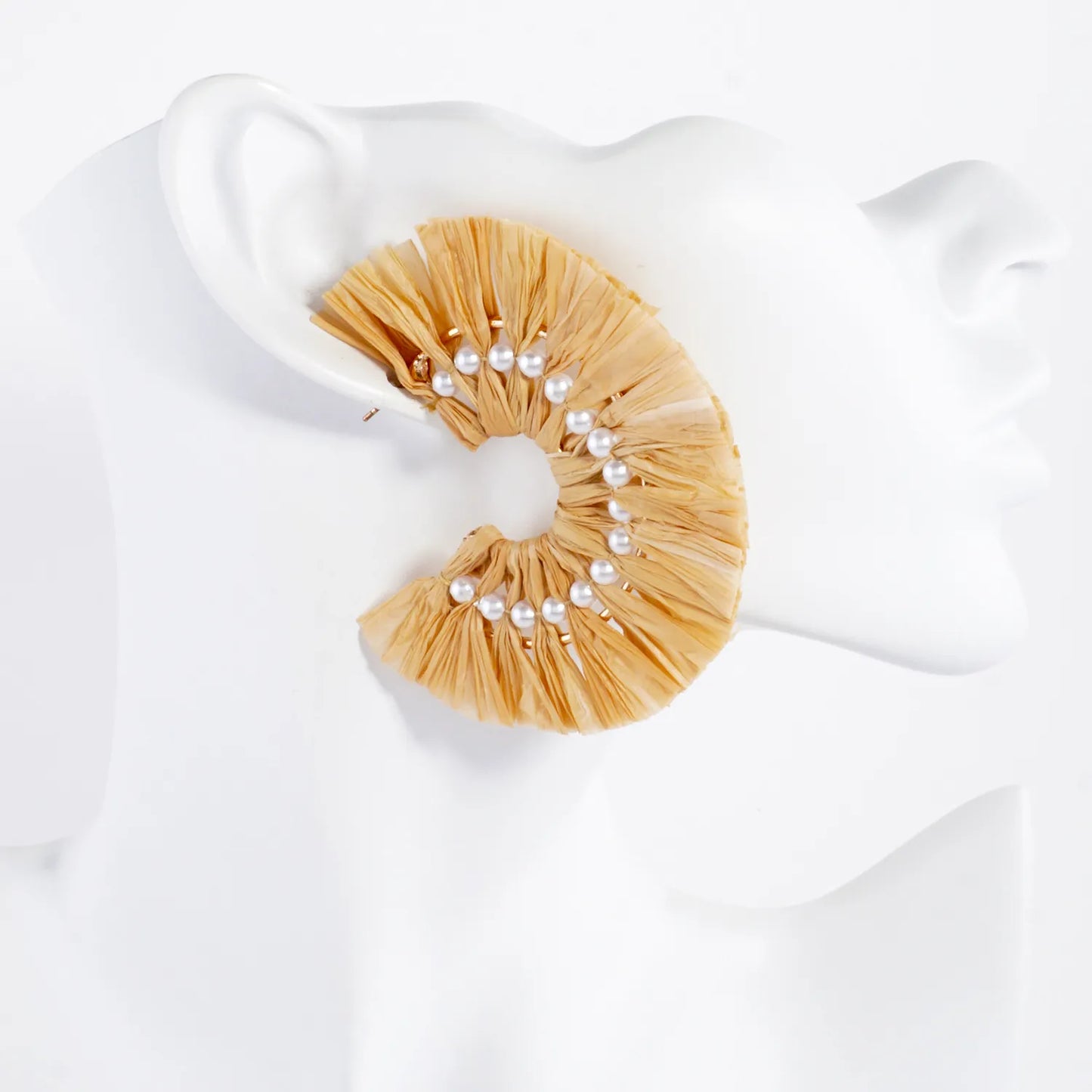 Pearl-Beaded 30mm Raffia Fan Statement Hoop Earrings