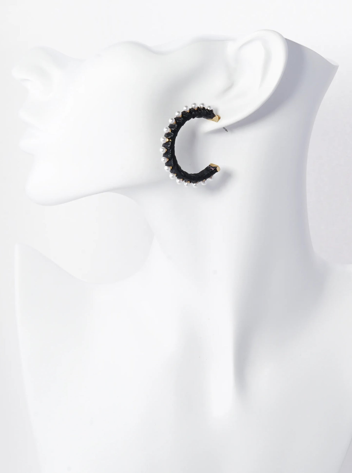 Pearl Beaded 30mm Raffia Wrapped Open Hoop Earrings