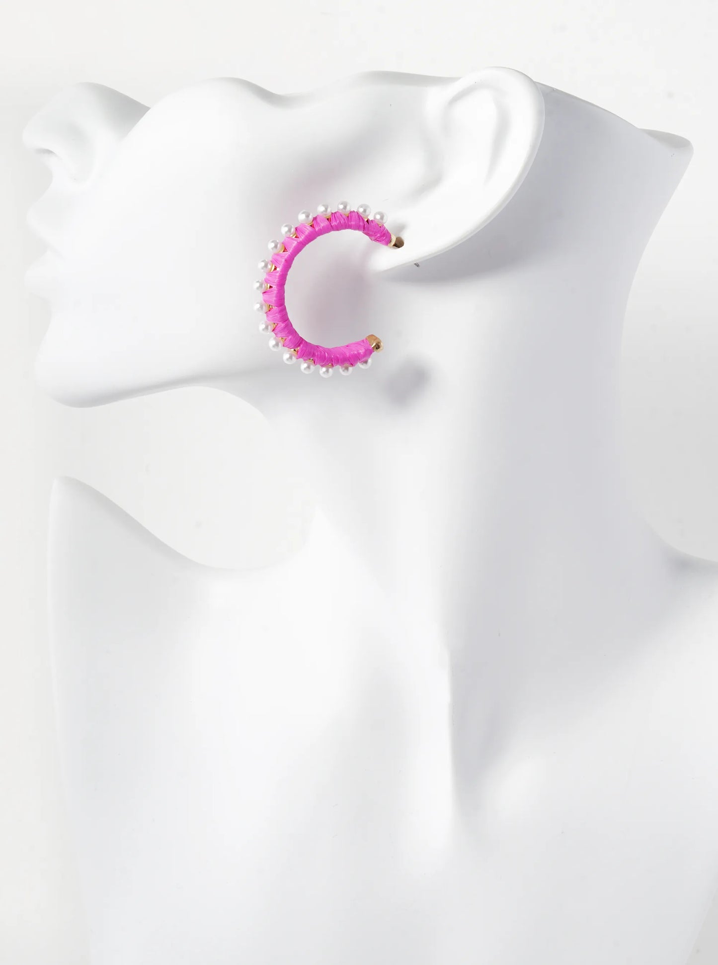 Pearl Beaded 30mm Raffia Wrapped Open Hoop Earrings