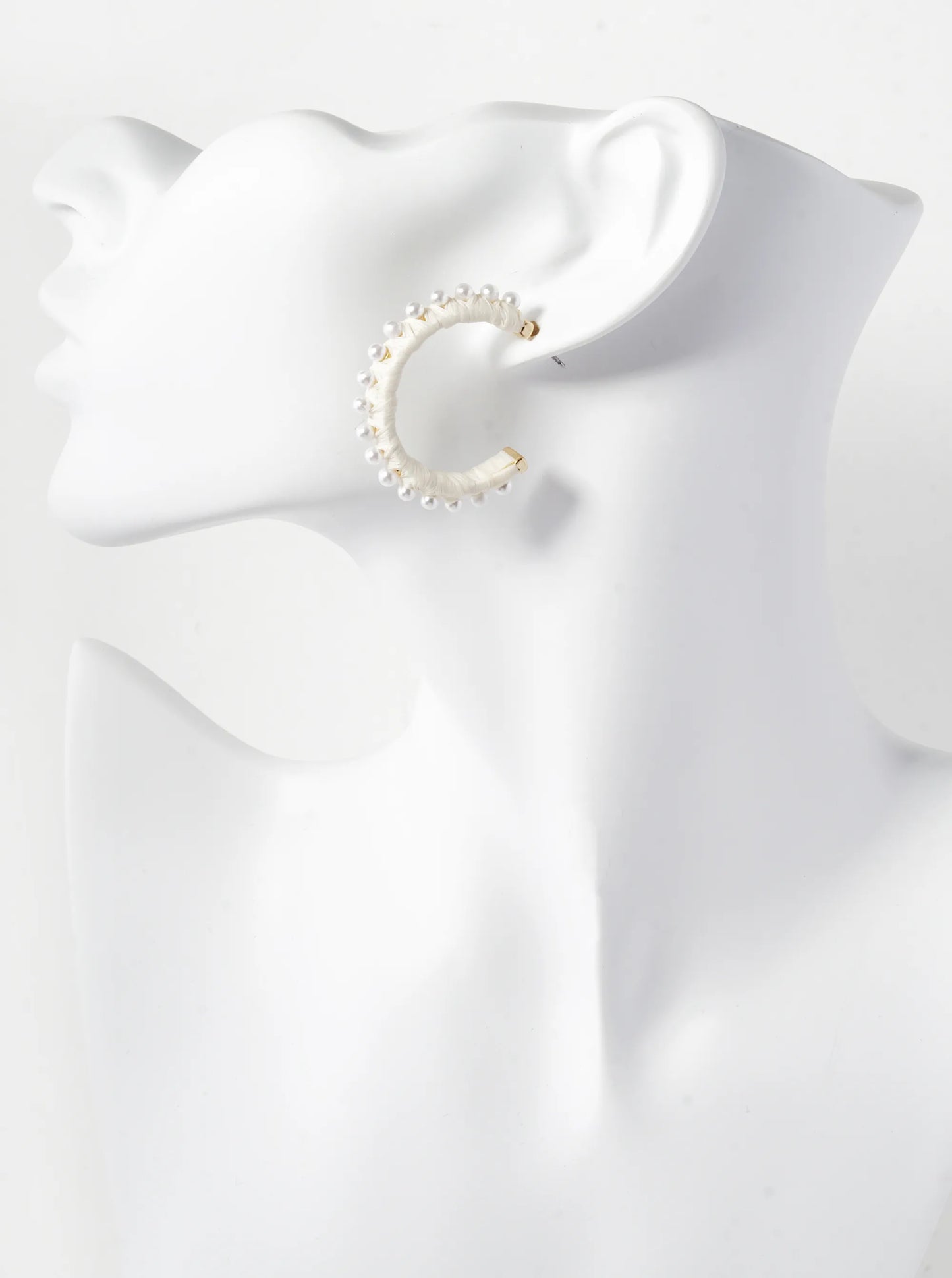 Pearl Beaded 30mm Raffia Wrapped Open Hoop Earrings