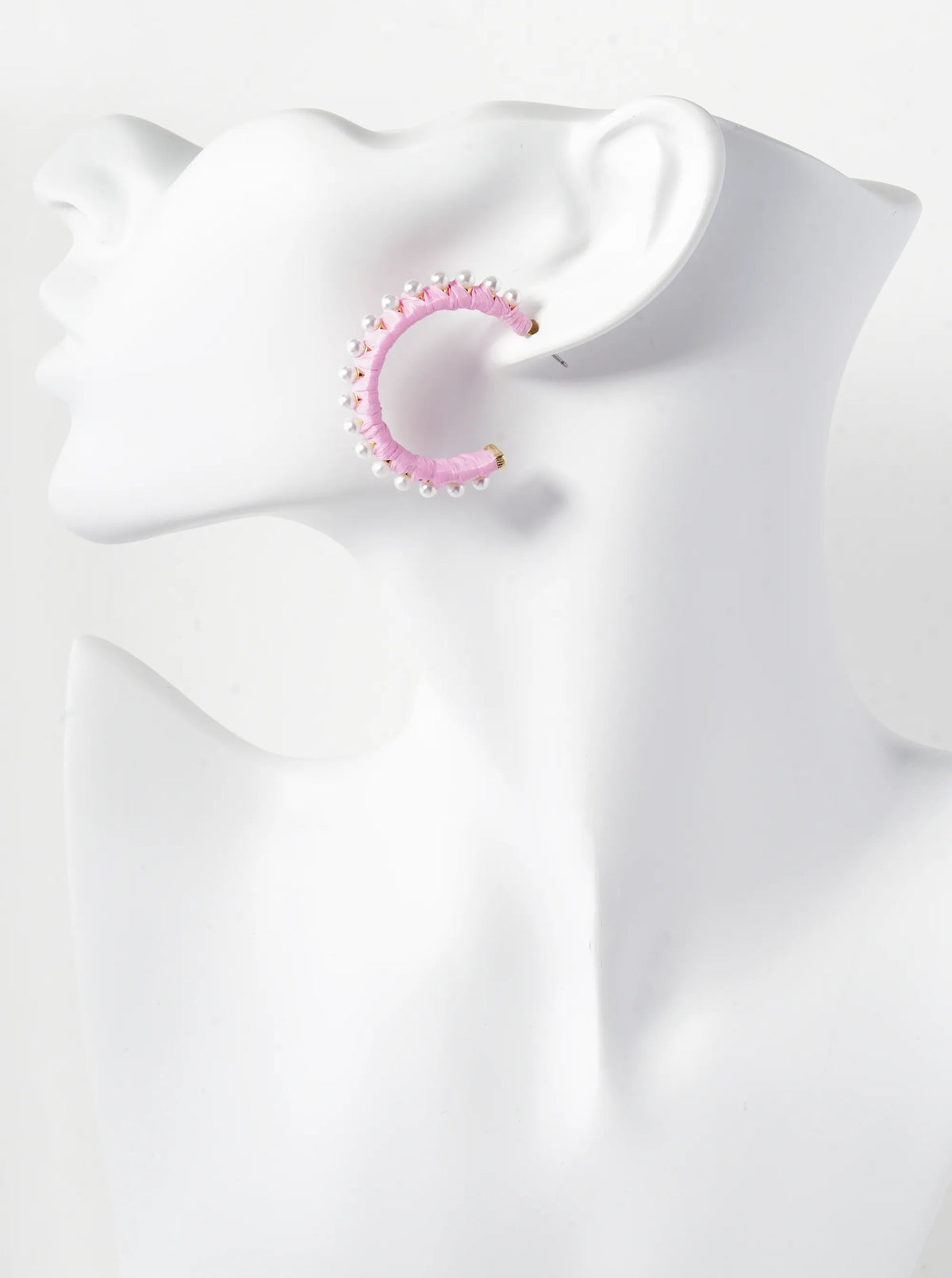 Pearl Beaded 30mm Raffia Wrapped Open Hoop Earrings